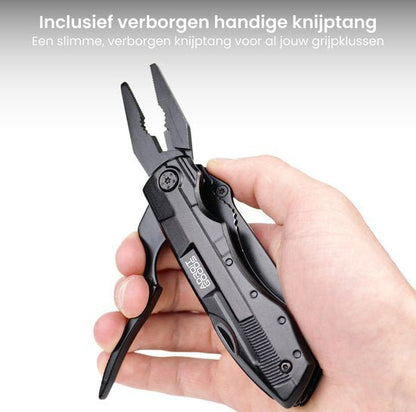 Hand houdt compacte multitool met verborgen knijptang en zwarte metalen afwerking vast