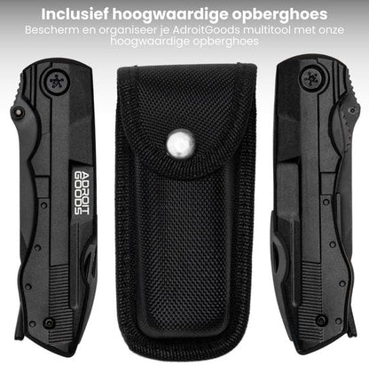 Zwarte compacte multitool met twee zijden en een stevige zwarte opberghoes van textiel