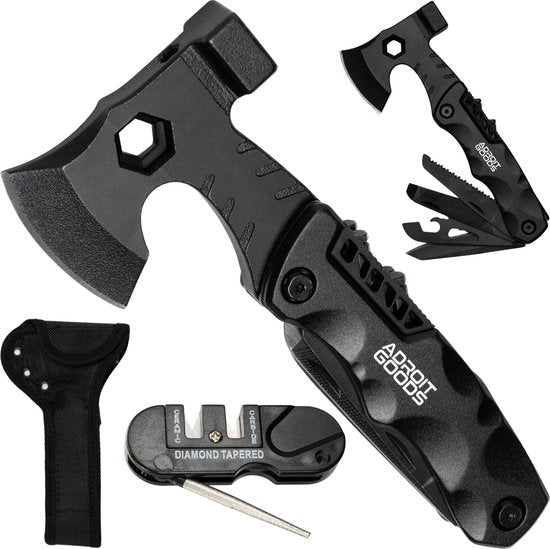 Zwart multifunctioneel survivalbijl met inklapbare gereedschappen en slijpsteen set van AdroitGoods