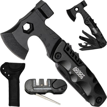 Zwart multifunctioneel survivalbijl met inklapbare gereedschappen en slijpsteen set van AdroitGoods