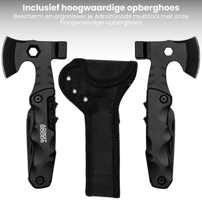 Zwarte multifunctionele bijl met handvat en stevige opberghoes van nylon materiaal