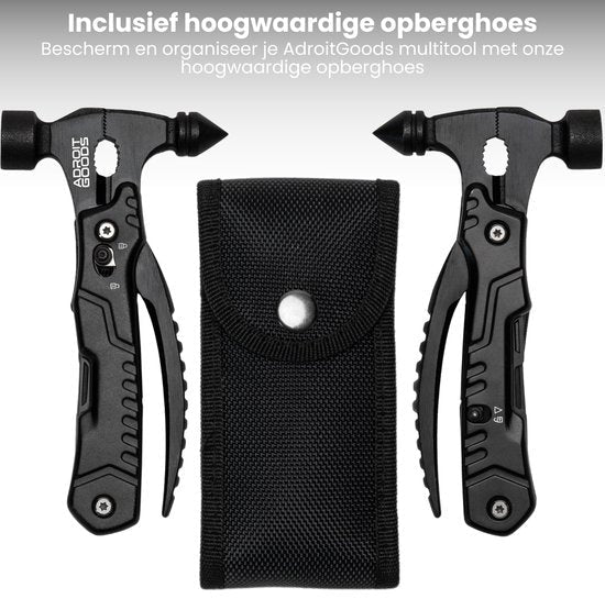 Twee zwarte multitools met hamerkop en een zwarte opberghoes met drukknop van duurzaam materiaal