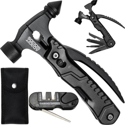 Zwart multifunctioneel gereedschap met hamer, mes, slijper en opberghoes in een set.