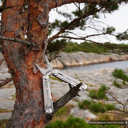 Multitool gereedschap vastgeklemd aan een boomtak met een rotsachtig landschap op de achtergrond