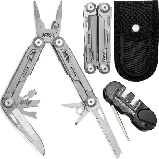 multifunctioneel roestvrijstalen gereedschap met zaag, mes, tang en hoesje in zwart