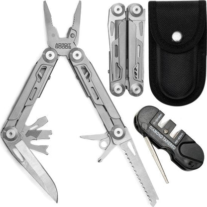 multifunctioneel roestvrijstalen gereedschap met zaag, mes, tang en hoesje in zwart