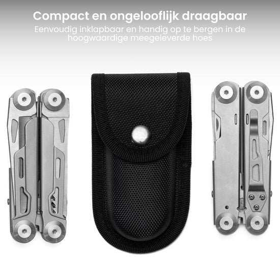 Compact multifunctioneel gereedschap met zwarte opberghoes voor gemakkelijk meenemen
