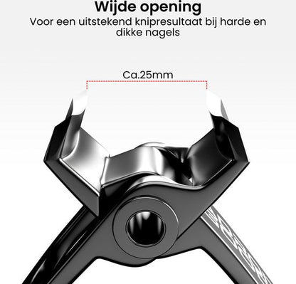 Zwarte nagelknipper met wijde opening van ca. 25 mm voor harde en dikke nagels.