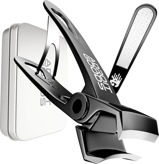 zwarte nagelknipper met geïntegreerde vijl en metalen opbergdoosje in moderne stijl