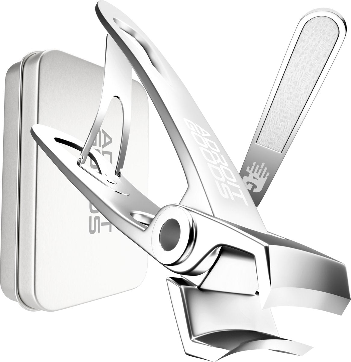 zilver kleurige professionele nagelknipper met geïntegreerde nagelvijl en metalen doosje