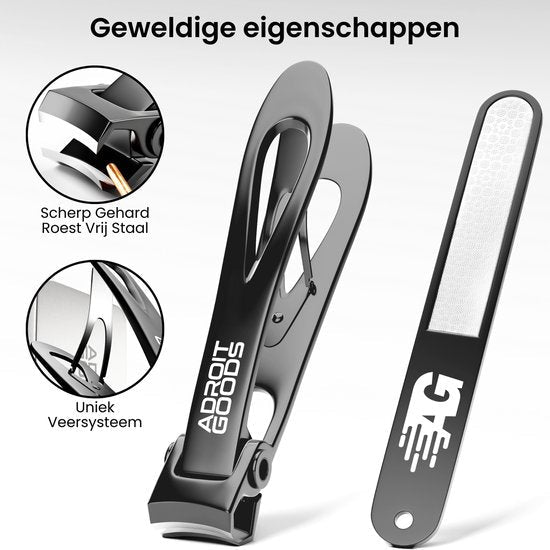 Zwarte nagelknipper met veersysteem en metalen vijl met merklogo AdroitGoods zichtbaar