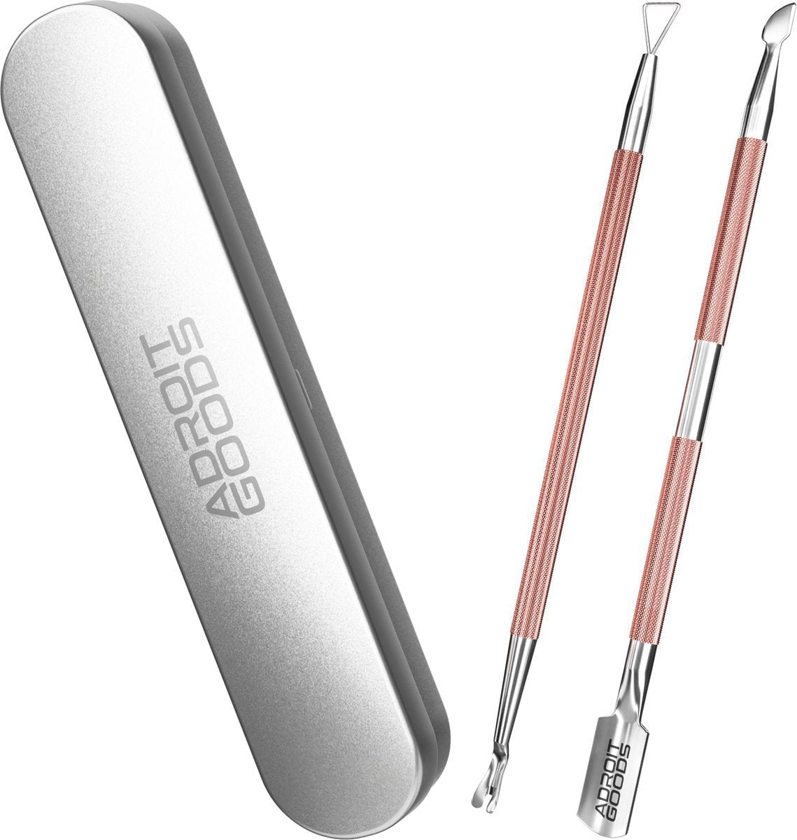 twee roestvrijstalen huidverzorgingsinstrumenten met roségouden grip en metalen opbergdoosje