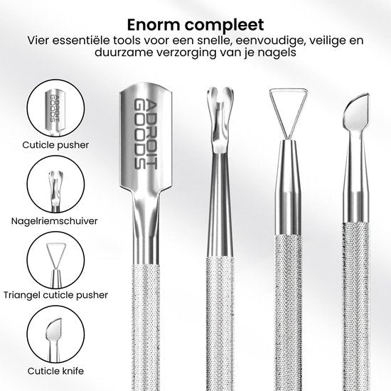Set van vier roestvrijstalen nagelriemtools voor verzorging met gepolijste handvaten