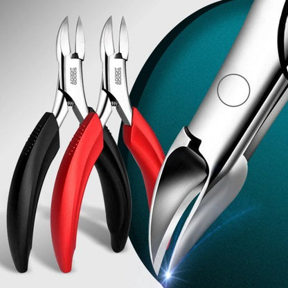 twee nagelknippers met zwart en rood handvat en een close-up van een metalen kniptangpunt