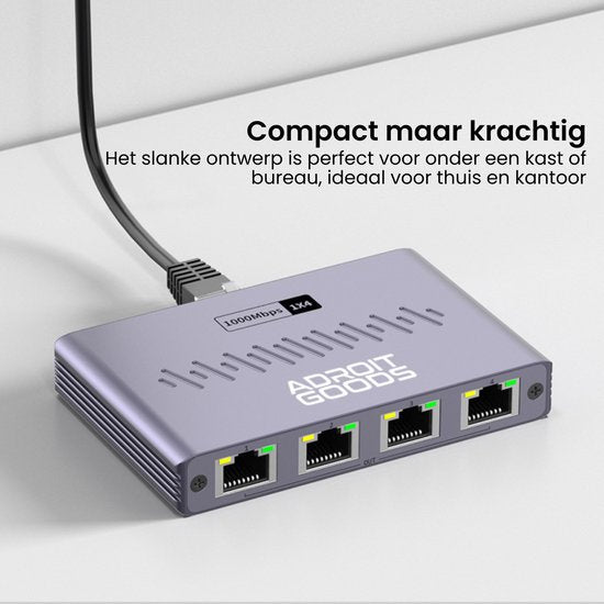 slanke en compacte netwerk switch met vier ethernetpoorten en aansluiting ideaal voor kantoorgebruik
