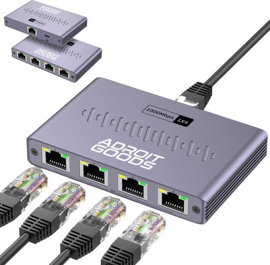 AdroitGoods netwerk switch met vier LAN-poorten en aangesloten ethernetkabels in professionele stijl