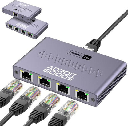 AdroitGoods netwerk switch met vier LAN-poorten en aangesloten ethernetkabels in professionele stijl