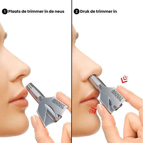 Man gebruikt een klein grijs neusverzorgingsapparaat om neushaar te trimmen, stap-voor-stap uitleg.