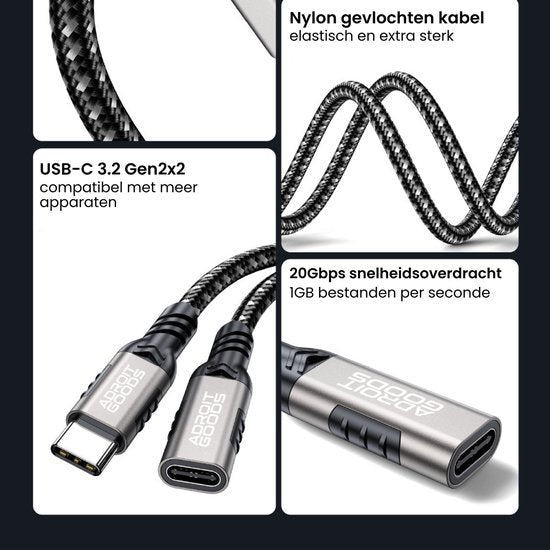 Flexibele nylon gevlochten kabel met USB-C 3.2 Gen2x2 aansluiting en hoge snelheid dataoverdracht