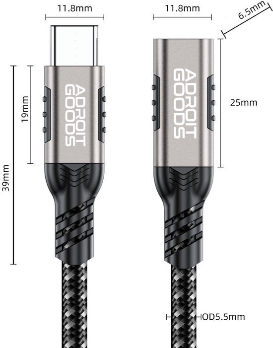 Gedetailleerde afbeelding van een AdroitGoods USB-C kabelconnector met afmetingen in millimeters.