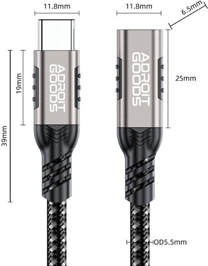 Gedetailleerde afbeelding van een AdroitGoods USB-C kabelconnector met afmetingen in millimeters.