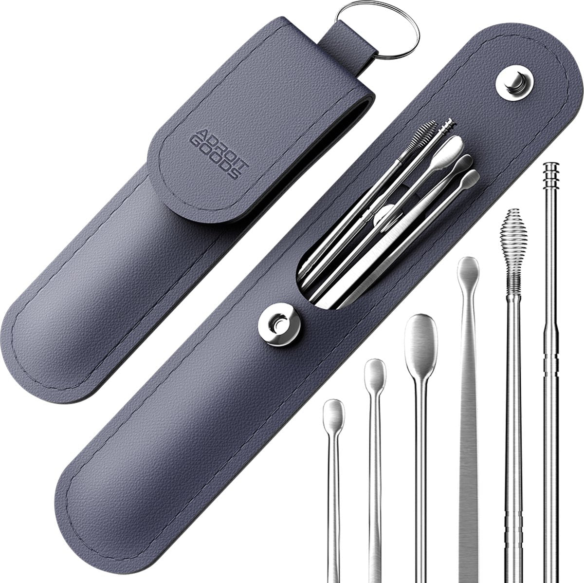 Blauwe leren etui met zilveren oorhygiëne en reinigingsinstrumenten netjes gerangschikt