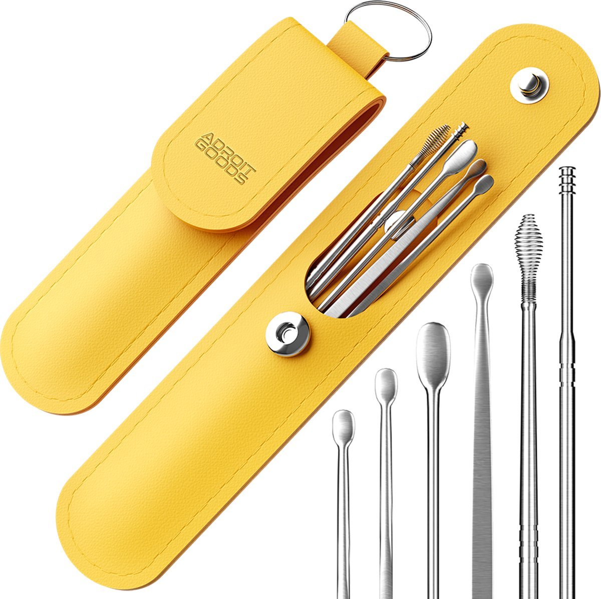 gele draagbare etui met metalen oorreinigers en extra oorhygiënetools netjes gerangschikt