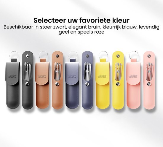 Verschillende kleurige leren etuis met manicure set en metalen nagelverzorgingsinstrumenten zichtbaar