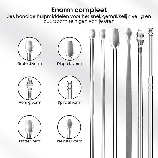 Zes verschillende oorreinigingshulpmiddelen met diverse vormen voor veilig en effectief gebruik.