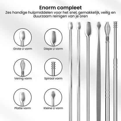 Zes verschillende oorreinigingshulpmiddelen met diverse vormen voor veilig en effectief gebruik.