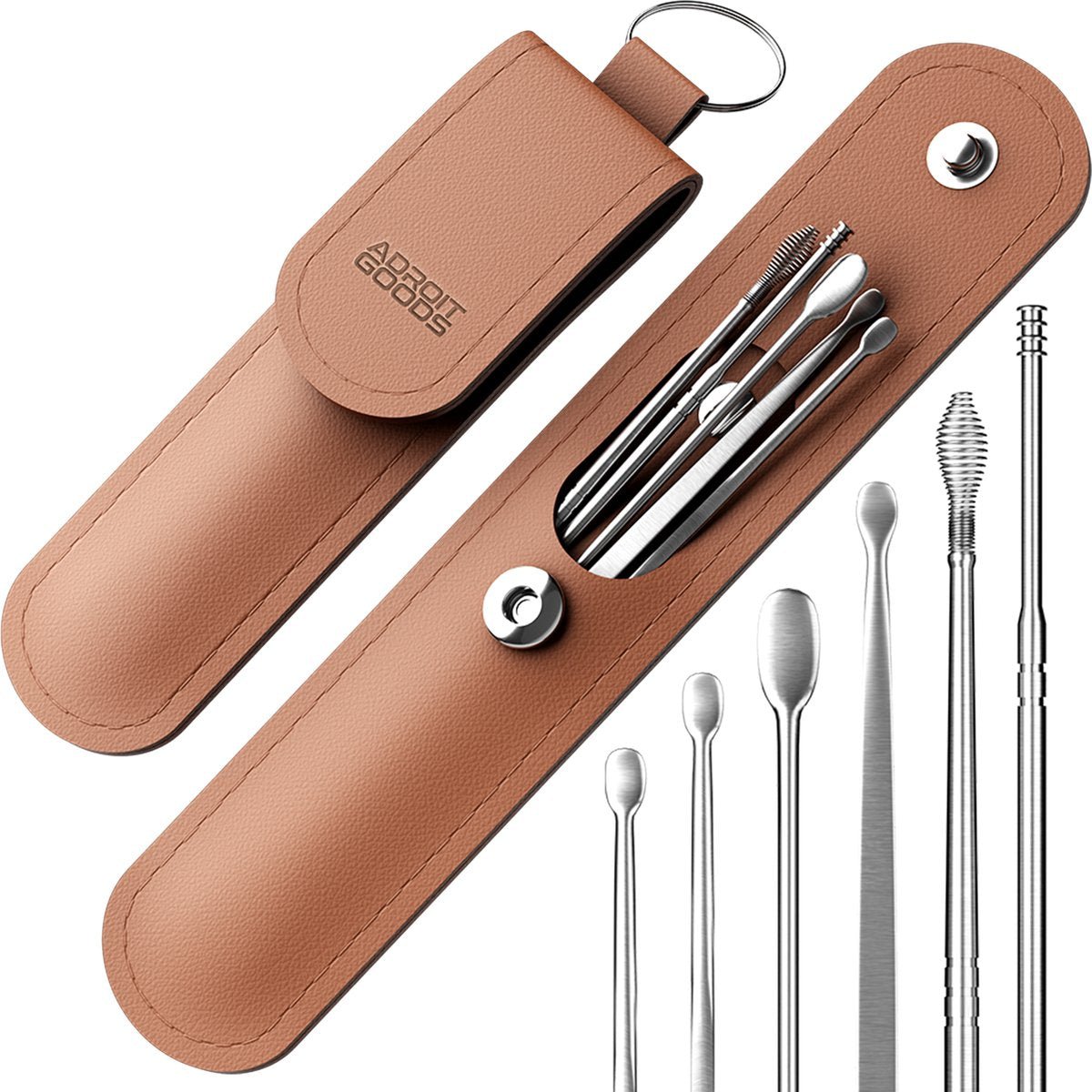 Set van meerdere metalen reinigingshulpmiddelen in een lichtbruine draaghoes van leerachtig materiaal