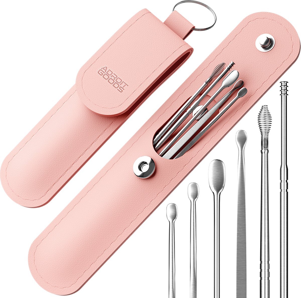 Roze opberghoes met roestvrijstalen oorreinigingsgereedschap en diverse borstels.