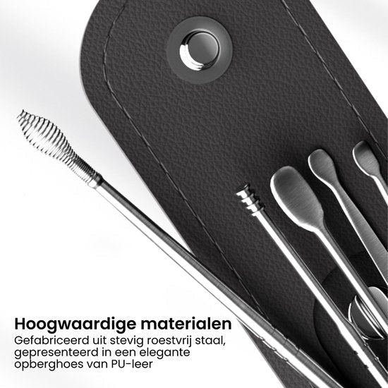 set van metalen reinigingsstokken in een zwart PU-lederen opberghoes met knoopsluiting