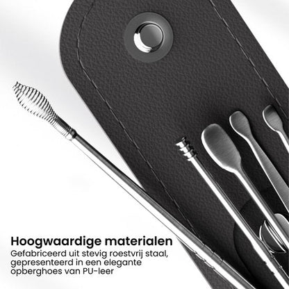 set van metalen reinigingsstokken in een zwart PU-lederen opberghoes met knoopsluiting