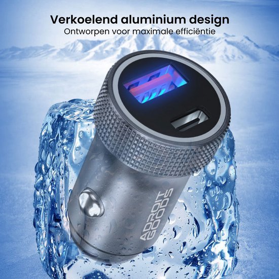 Aluminium autolader met koelend design, opgeladen met blauwe verlichting op ijsblokje achtergrond