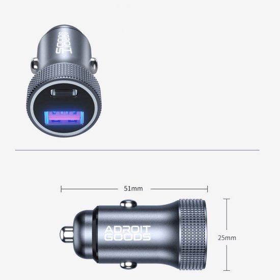compact metalen autolader met usb-poort en afmetingen van 51mm bij 25mm