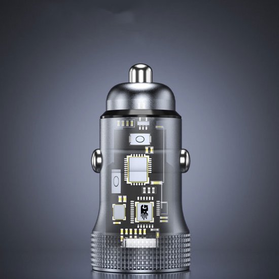 Zilverkleurige elektronica met transparante behuizing en zichtbare printplaat onderdelen