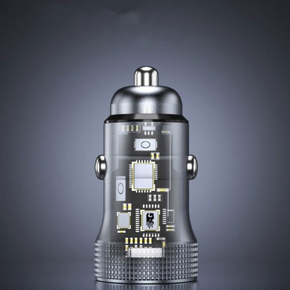 Zilverkleurige elektronica met transparante behuizing en zichtbare printplaat onderdelen