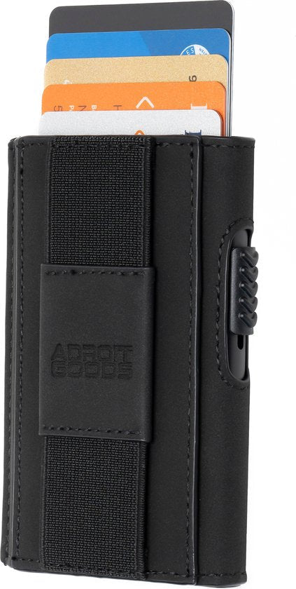 zwarte compacte kaarthouder met elastische band en meerdere creditcards zichtbaar