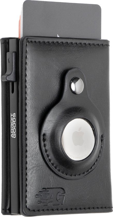 Zwarte leren portemonnee met metalen knop en ingesloten Apple AirTag aan de voorkant