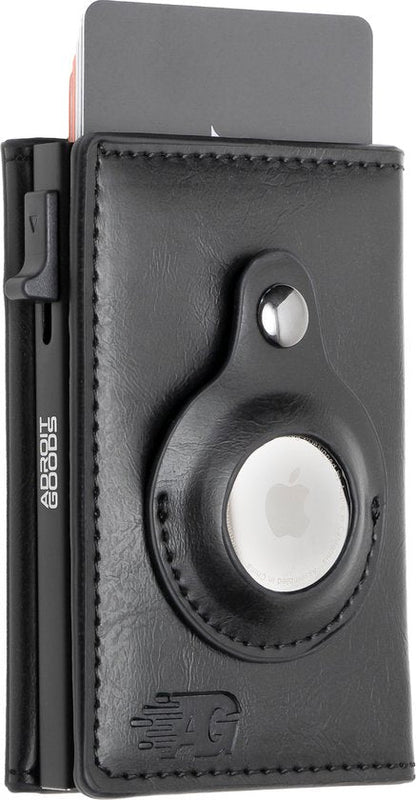 Zwarte leren portemonnee met metalen knop en ingesloten Apple AirTag aan de voorkant