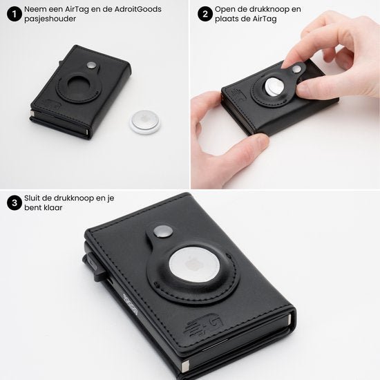 Stapsgewijze handleiding voor het plaatsen van een AirTag in een zwarte leren pasjeshouder