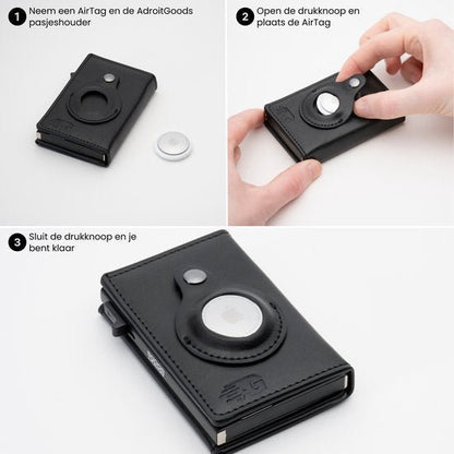 Stapsgewijze handleiding voor het plaatsen van een AirTag in een zwarte leren pasjeshouder