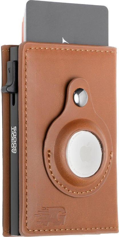 Bruine leren kaarthouder met ingebouwde houder voor een Apple AirTag elegant design