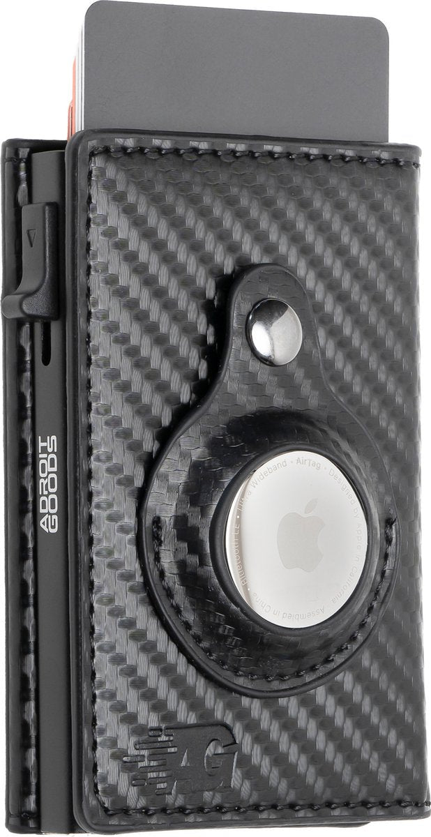 Zwart carbon look portemonnee met ingebouwde houder en zichtbaar rond metalen airtag vak