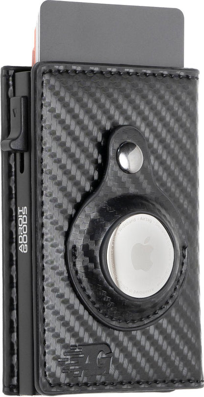 Zwart carbon look portemonnee met ingebouwde houder en zichtbaar rond metalen airtag vak