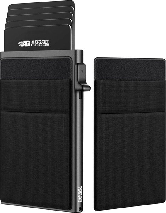 slank zwart metalen kaartenhouder met schuifknop en uitneembare pasjes van AdroitGoods