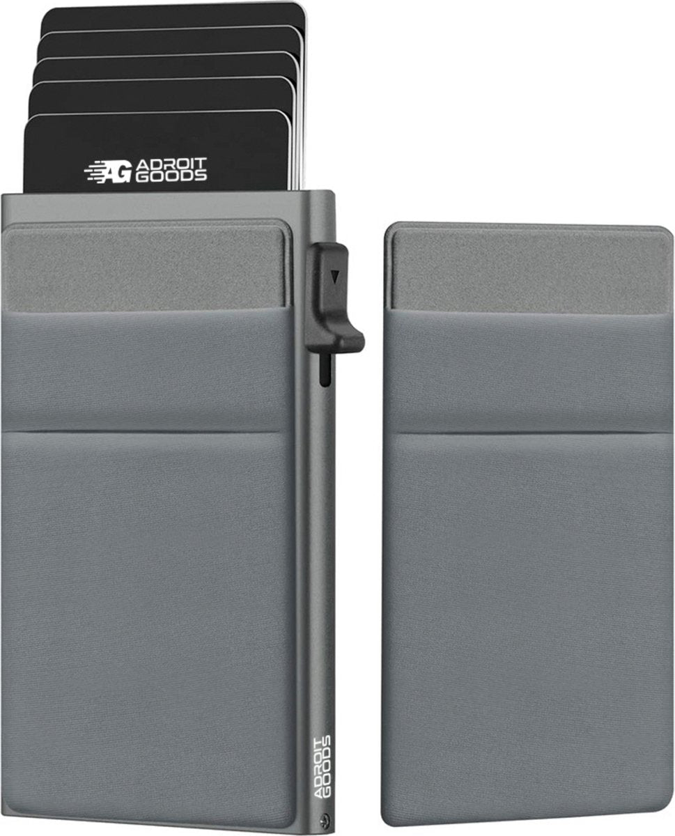 grijze minimalistische portemonnee met meerdere passen en schuifknop van AdroitGoods