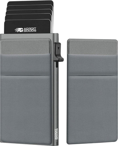 grijze minimalistische portemonnee met meerdere passen en schuifknop van AdroitGoods