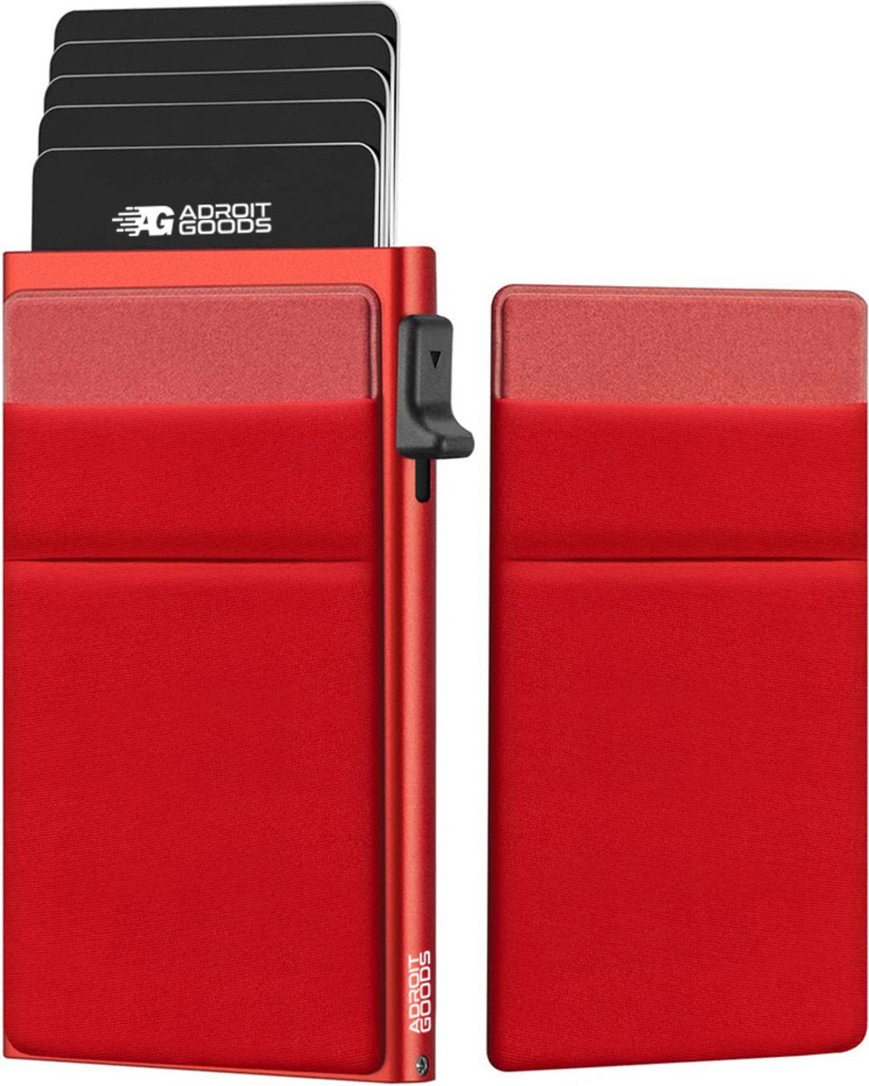 rood minimalistisch kaartenvak met uitgeschoven kaarten en slanke schuifknop aan de zijkant